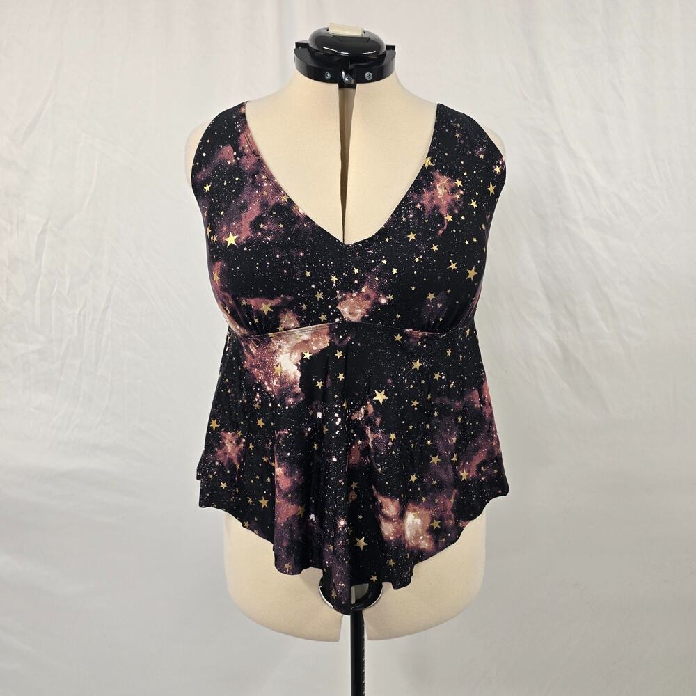 Torrid Tankini Swim Top Women's 1X Black Purple Galaxy Padded Racerback Ruffles